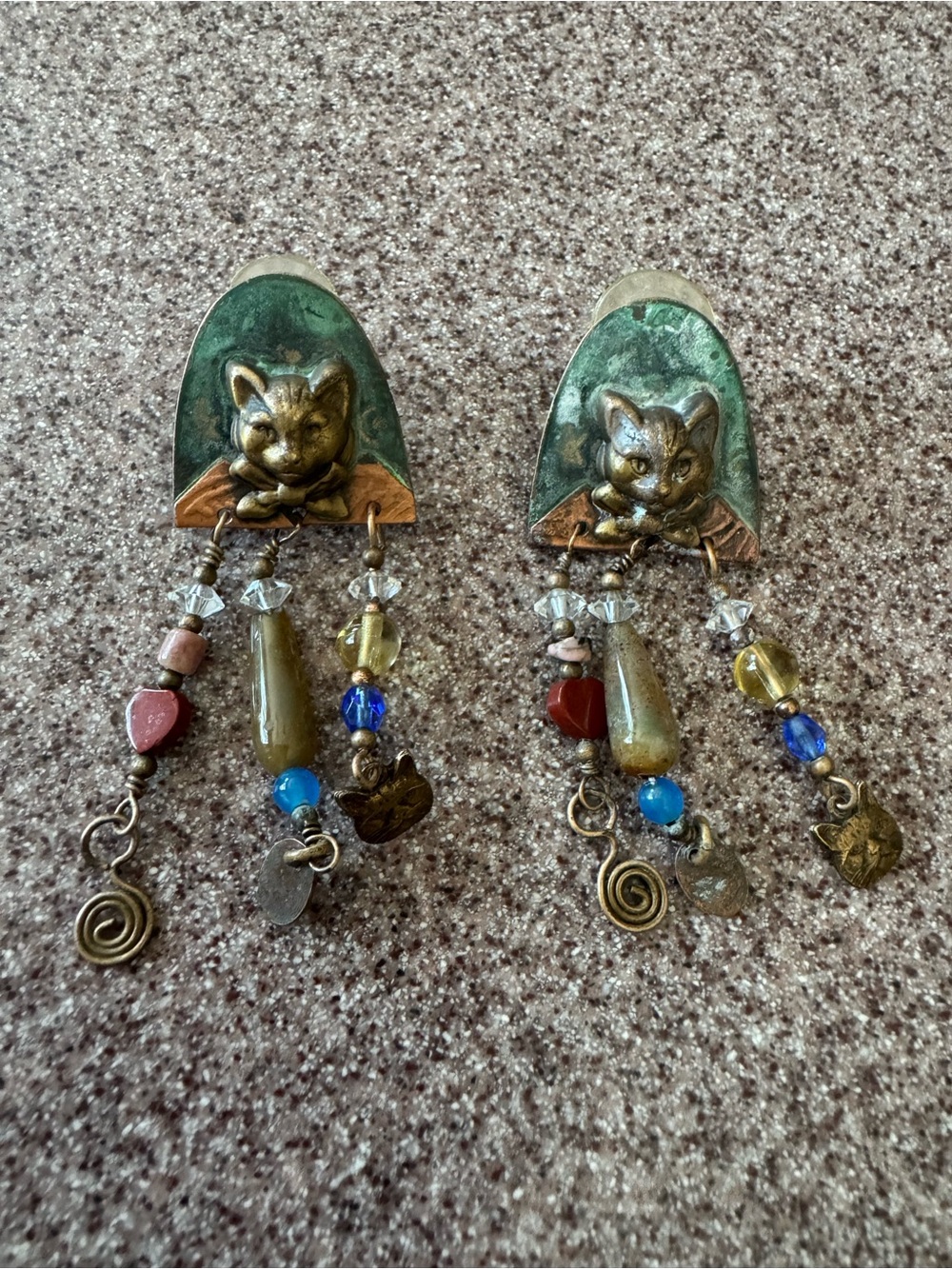 Vintage Copper & Brass Bohemian Cat Dangling Earrings